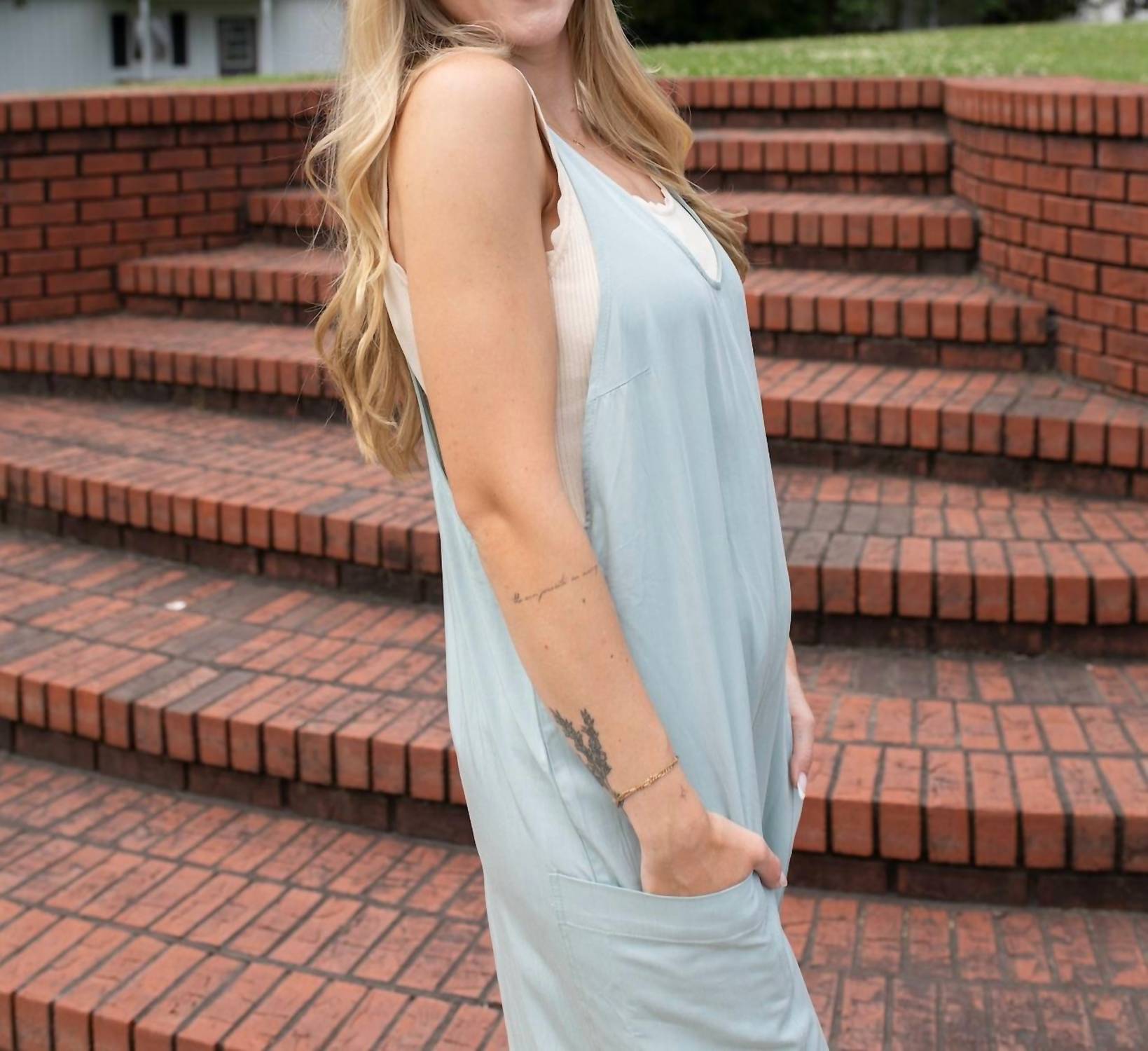ee:some Sweet Wide Leg Jumpsuit in sage - women's pants - detail view