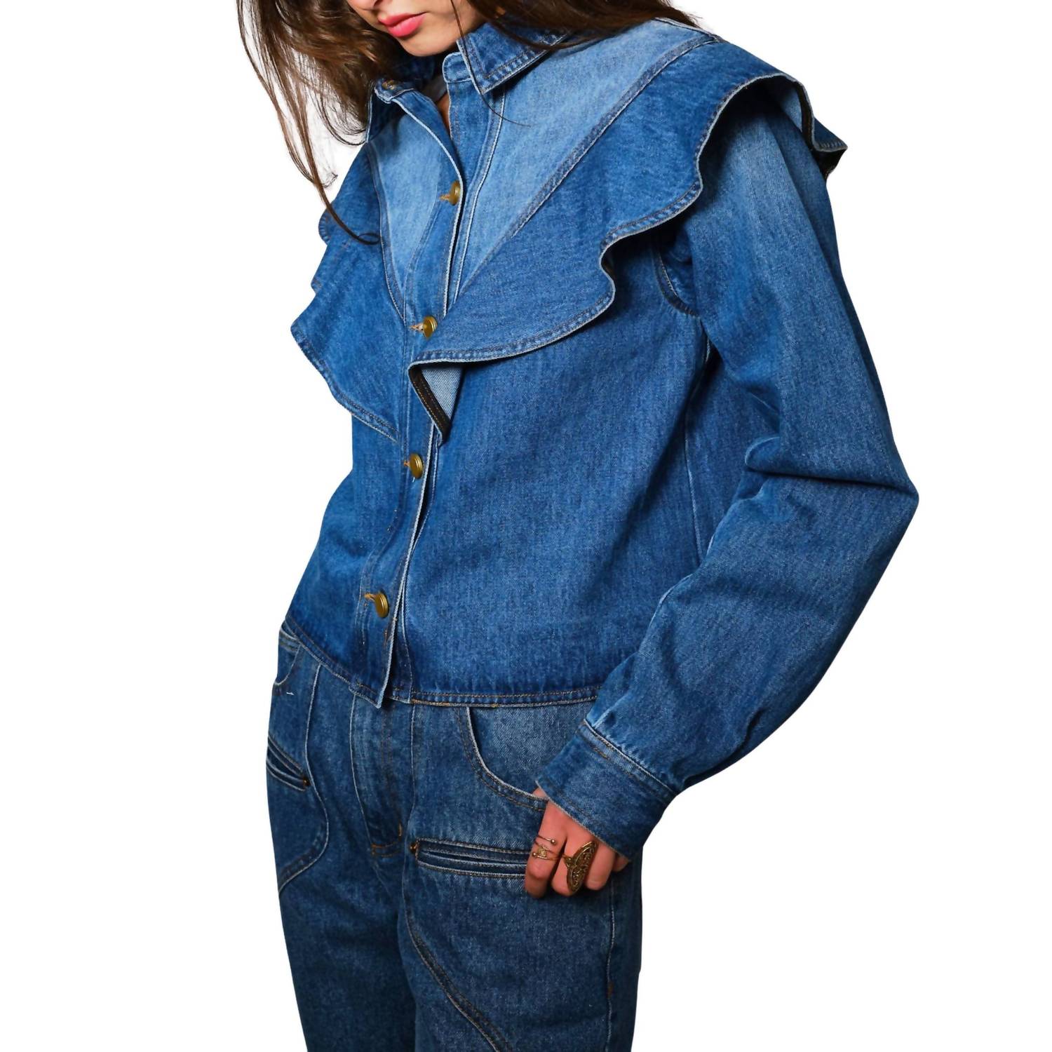 Blue B - Diagonal Ruffled Long Sleeves Denim Jacket