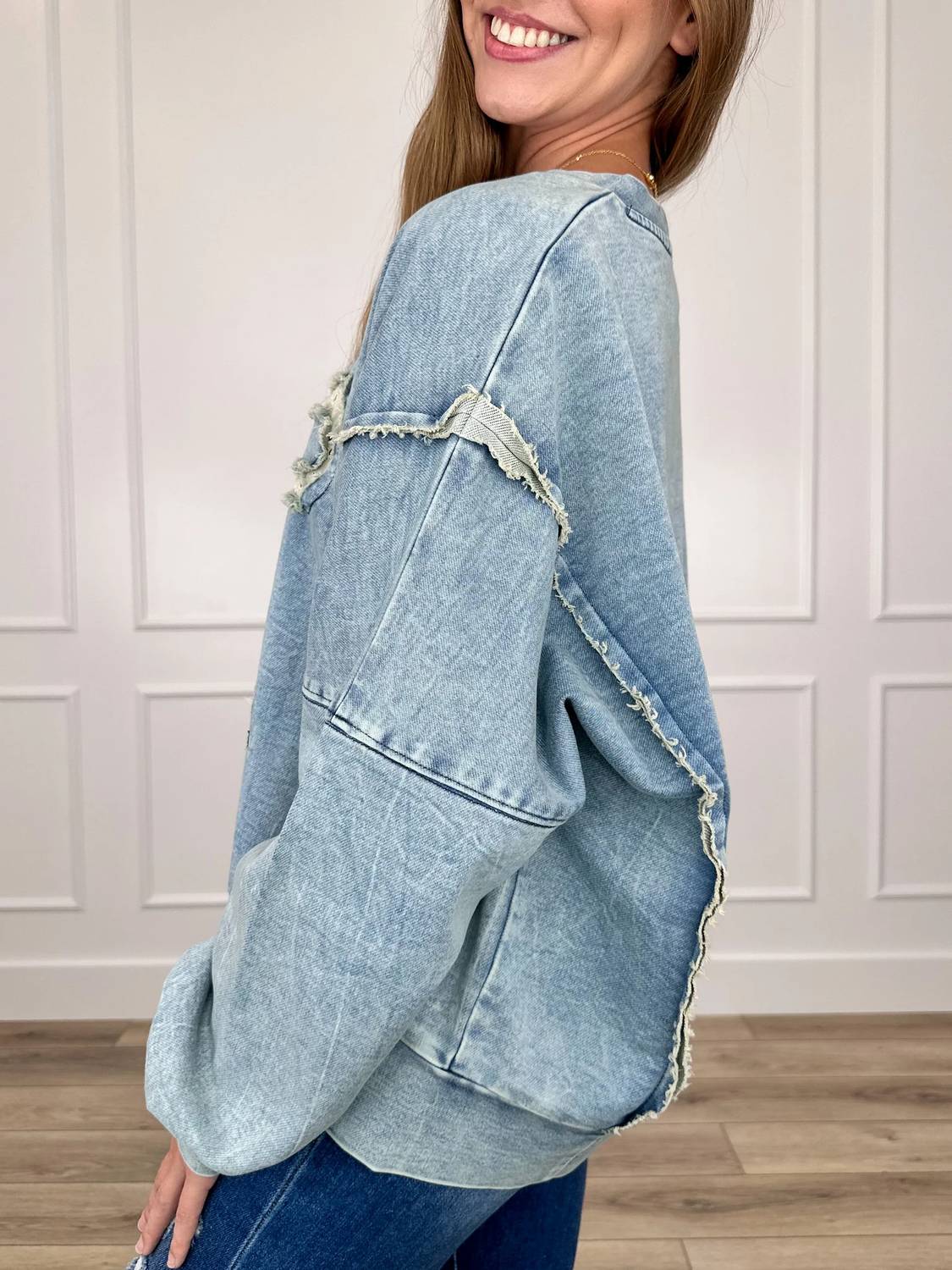 Heimish Usa - Eyelet Bow Applique Raw Edge Sweatshirt