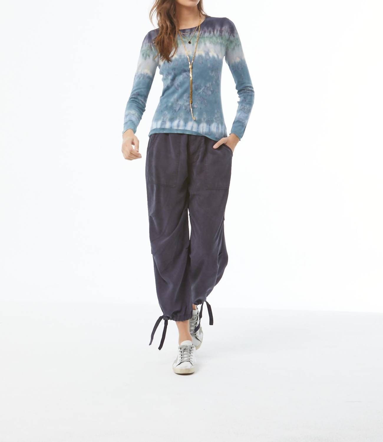 young fabulous & broke Crew Knitted Tee Top in blue tide - women's long sleeve top