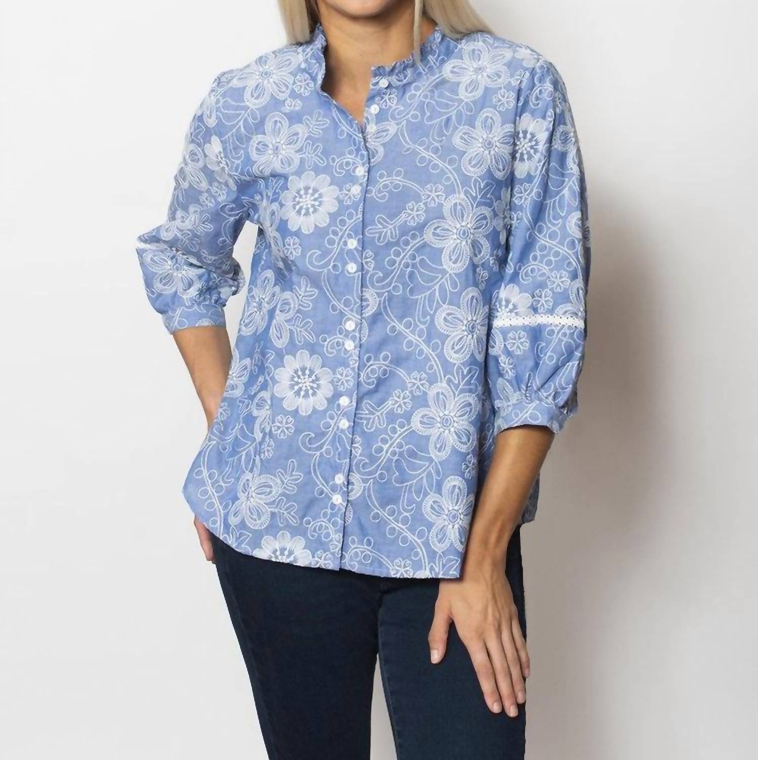 Sno Skins - Embroidered Collarless Button Top