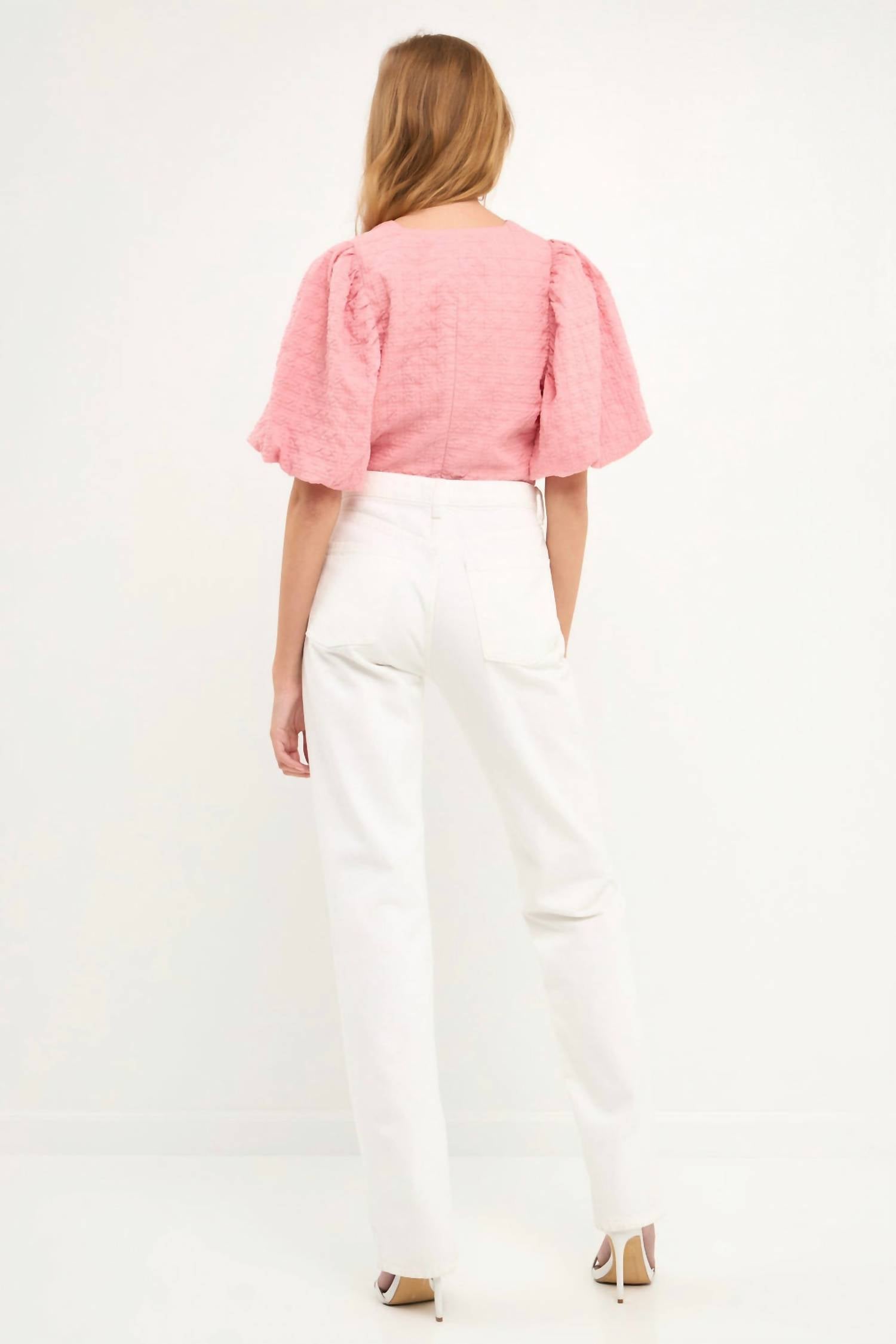 Endless Rose - Puff Sleeve Check Jacquard Top