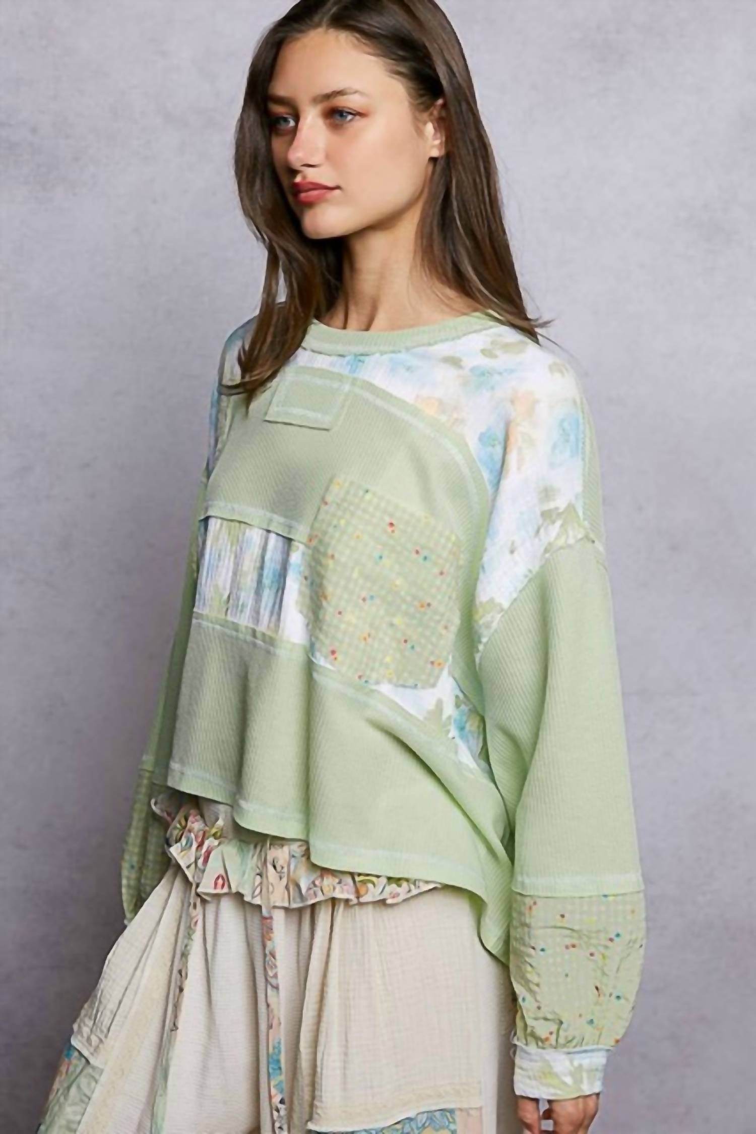 Pol - Round Neck Floral Stripe Stitch Knit Top