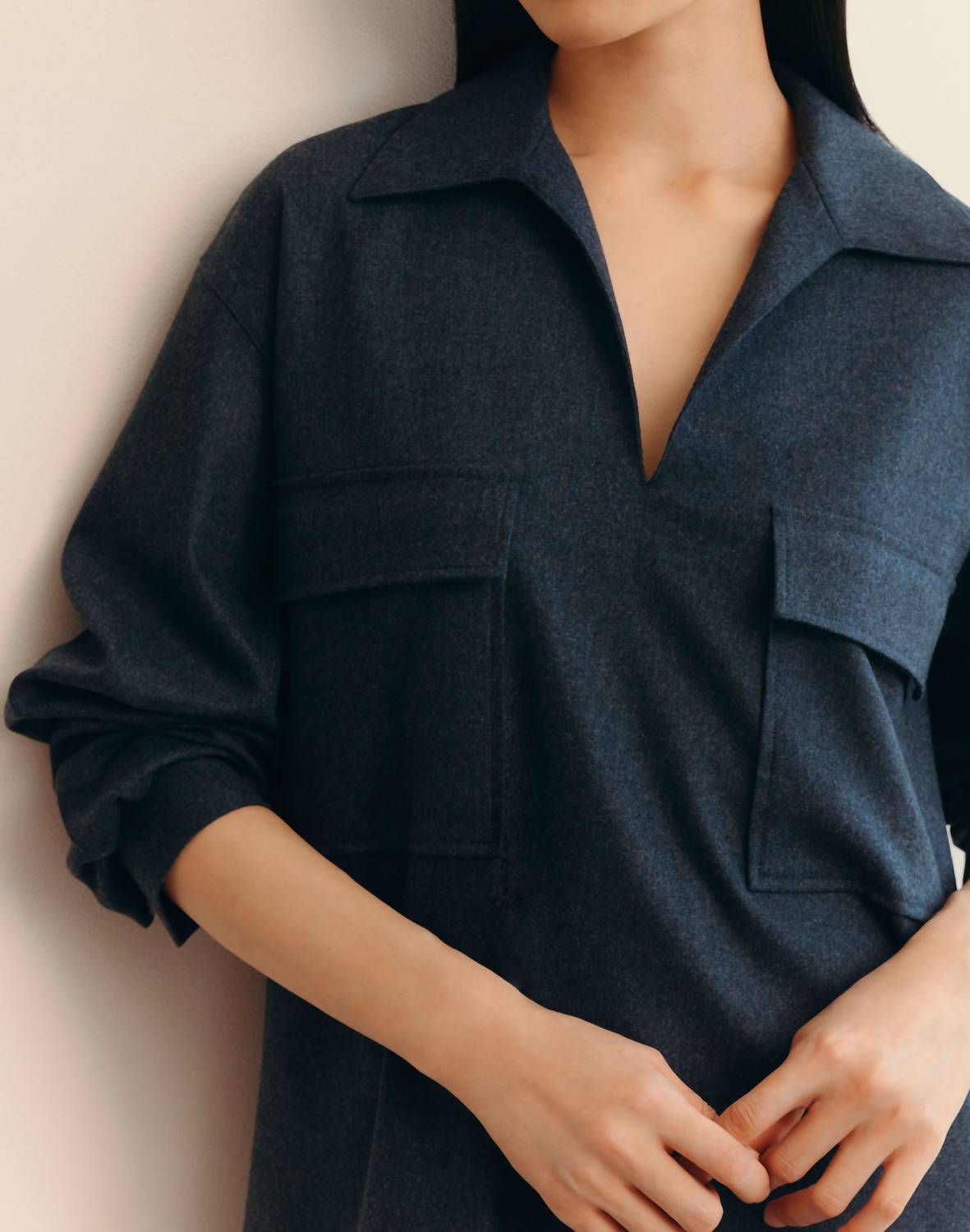 Lafayette 148 Patch Pocket Popover Blouse in admiral blue - women's sweater - alternate view