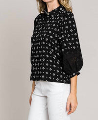 Cerule - Bracelet Sleeve with Embroidered Eyelet Lace Trim Blouse