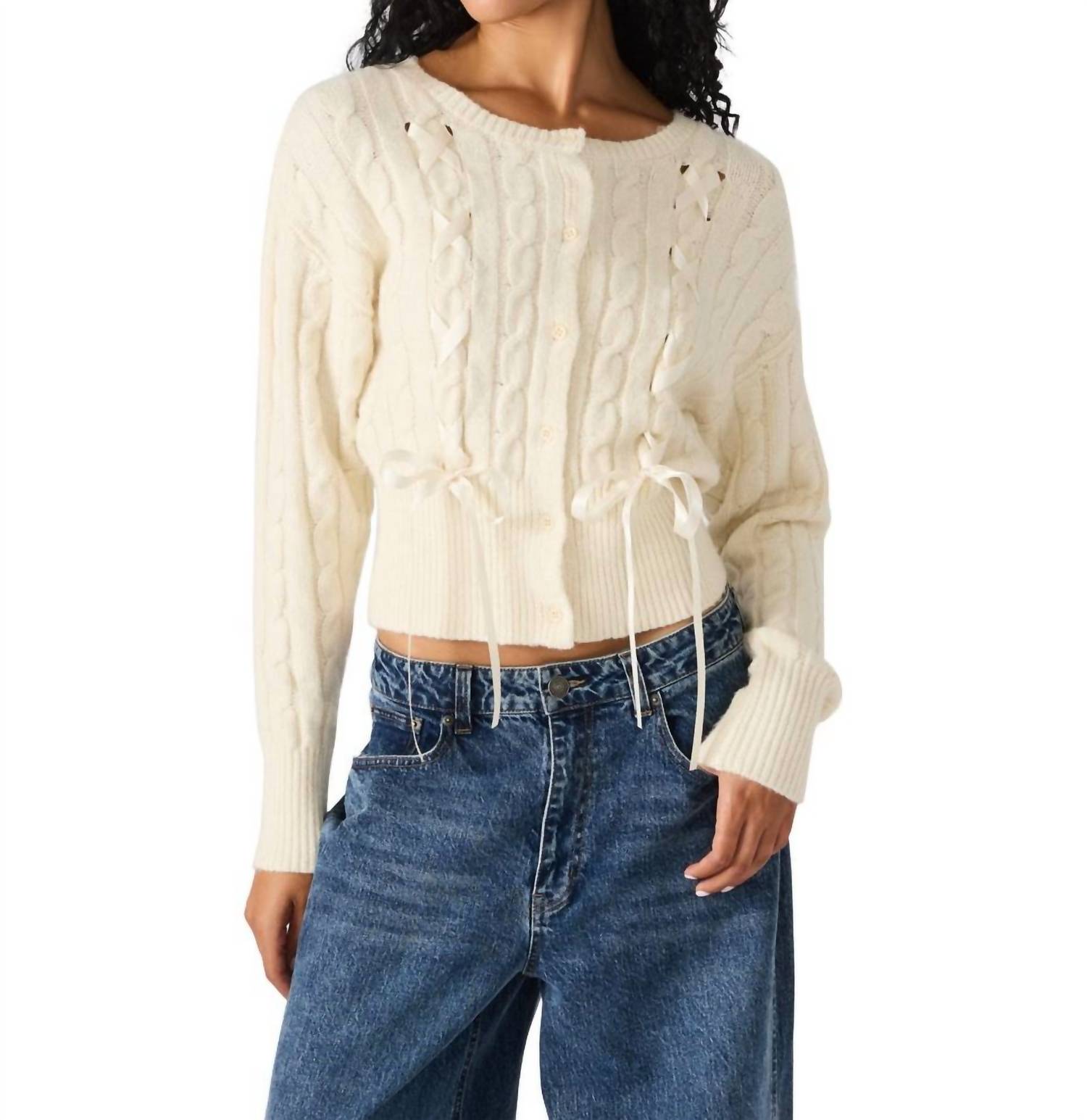STEVE MADDEN Saidee Cable Ribbon Cardigan in cream - women's cardigan