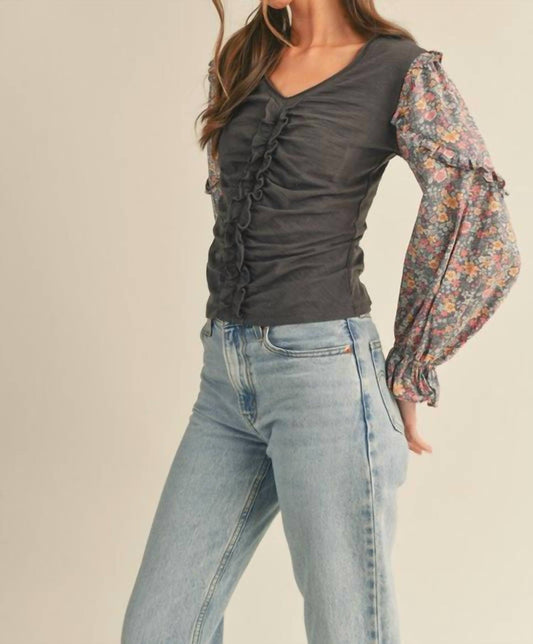 &Merci - Floral Puff Sleeve Ruched Top - Graphite Grey