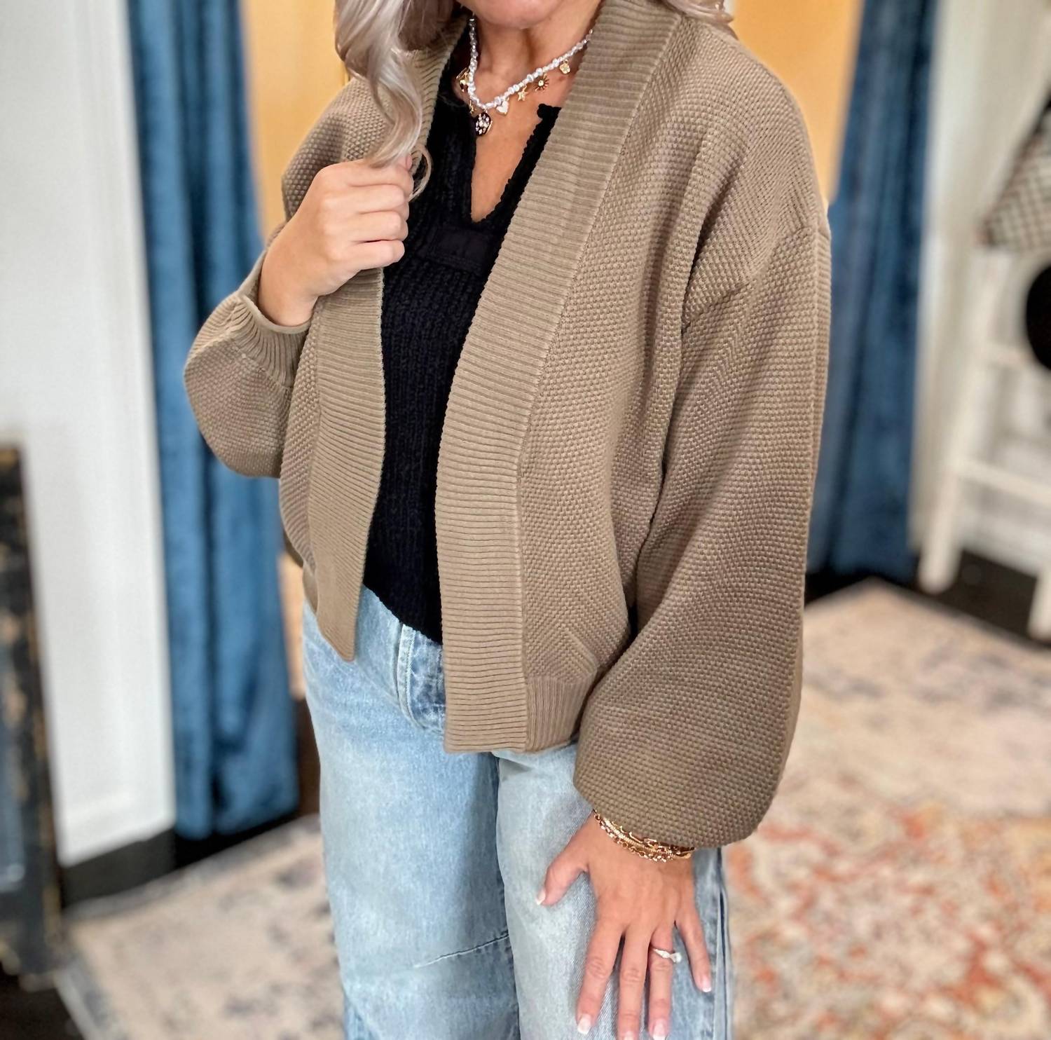 ee:some Bubble Sleeve Open Front Cardigan in mocha - women's cardigan - view 4