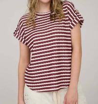 J.O.A. - Stripe Textured Knit Short Tab Sleeve Knit Top