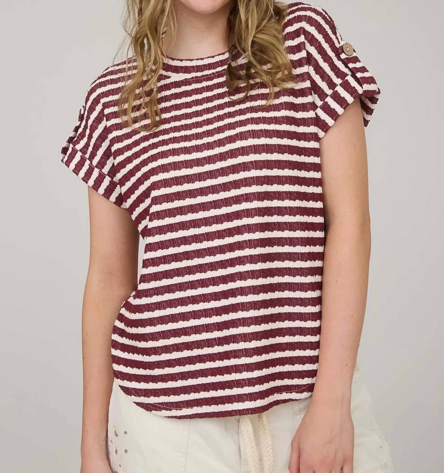 J.O.A. - Stripe Textured Knit Short Tab Sleeve Knit Top