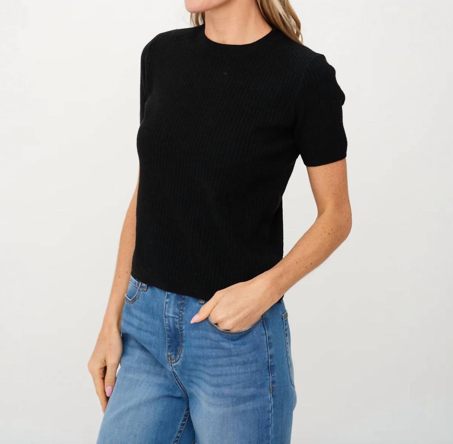 SIX/FIFTY Carsyn Ribbed Short Sleeve Sweater in black - women's sweater