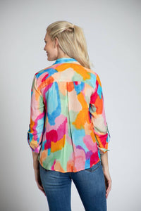 APNY Roll-up Sleeve Chiffon Button-up Shirt in orange multi - women's blouse - alternate view