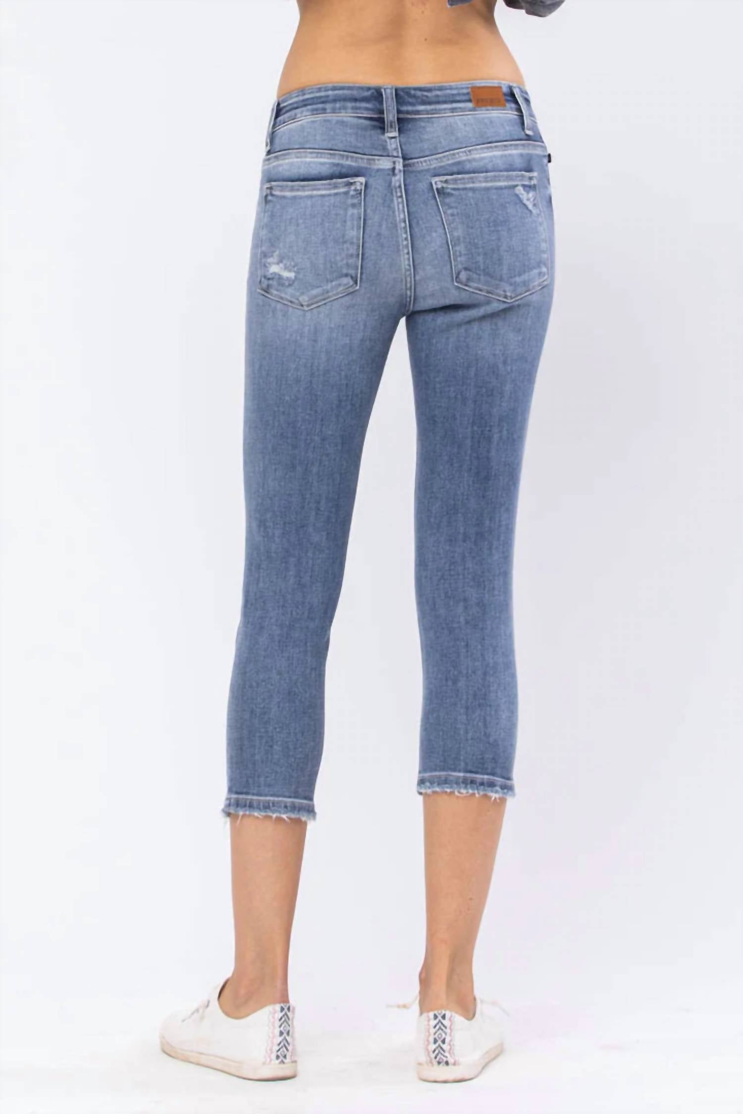 Judy Blue Destroyed Mid-Rise Capri Jeans in medium wash - women's pants - view 4