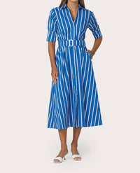 LUSANA Chrissie Belted Poplin Dress in vacay stripe - women's dress - detail view