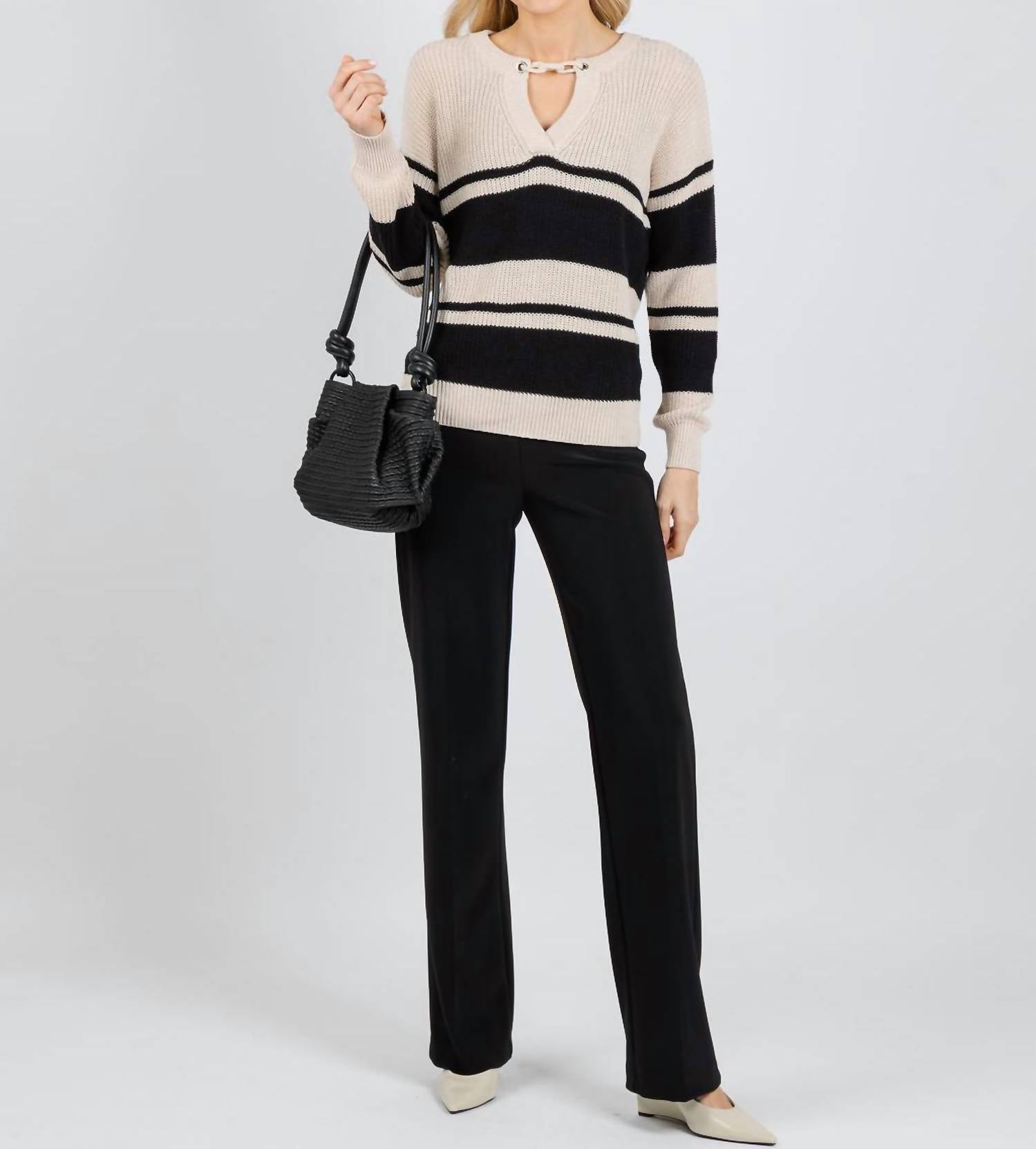 Autumn Cashmere Shaker Stripe Sweater With Crochet Chain Detail in natural black - women's sweater - detail view