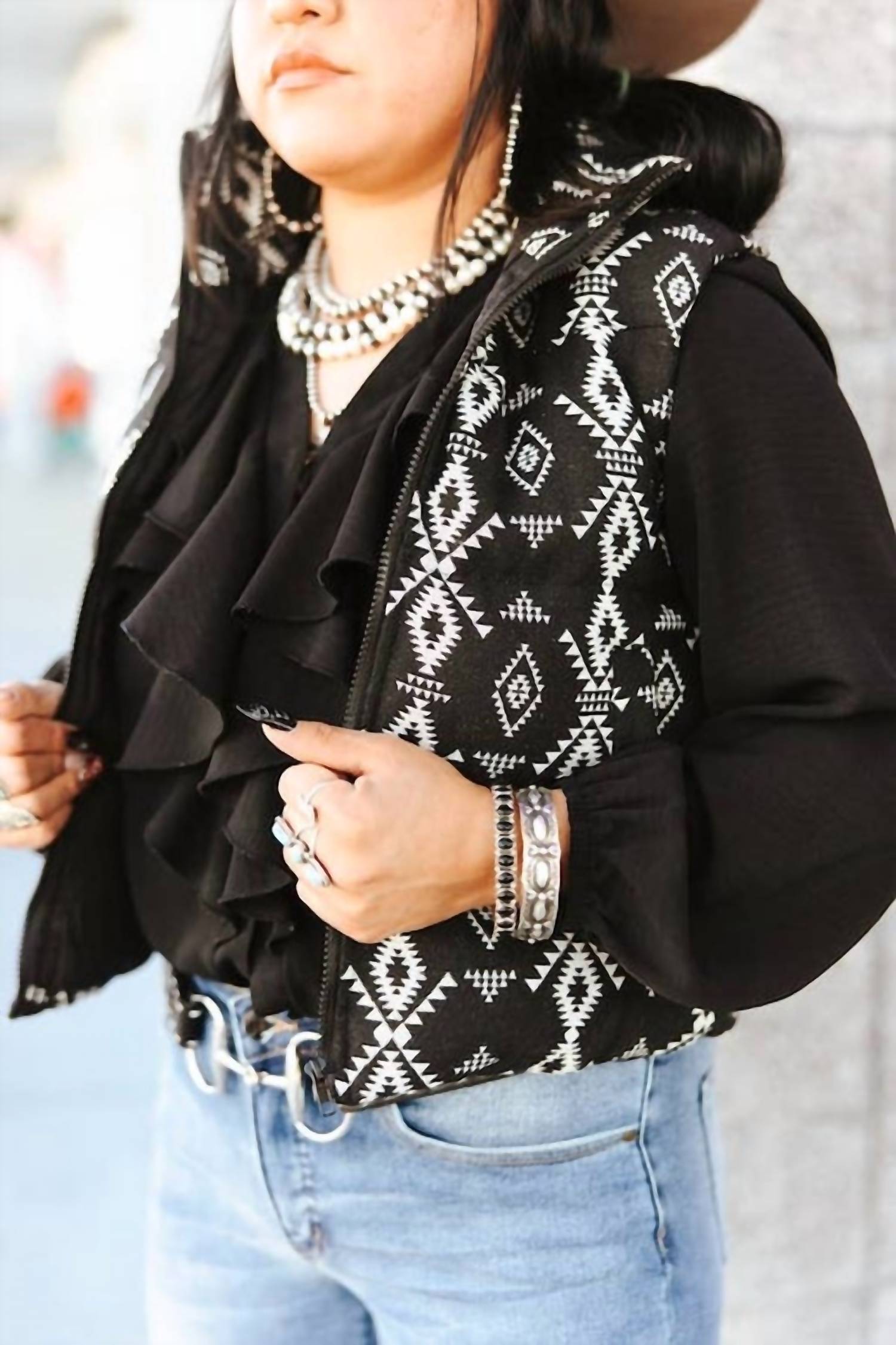 Lucky & Blessed Outlaw Aztec Vest in black - women's jacket - alternate view