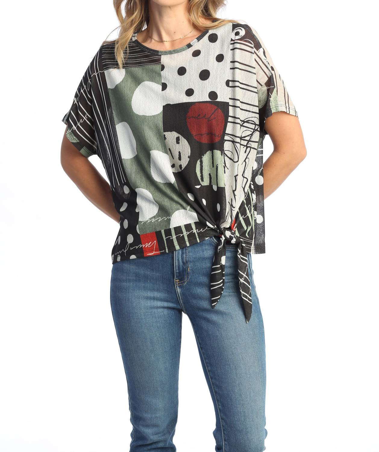 Jess & Jane Amelia Crepe Mesh Tie Front Top in multi color - women's blouse