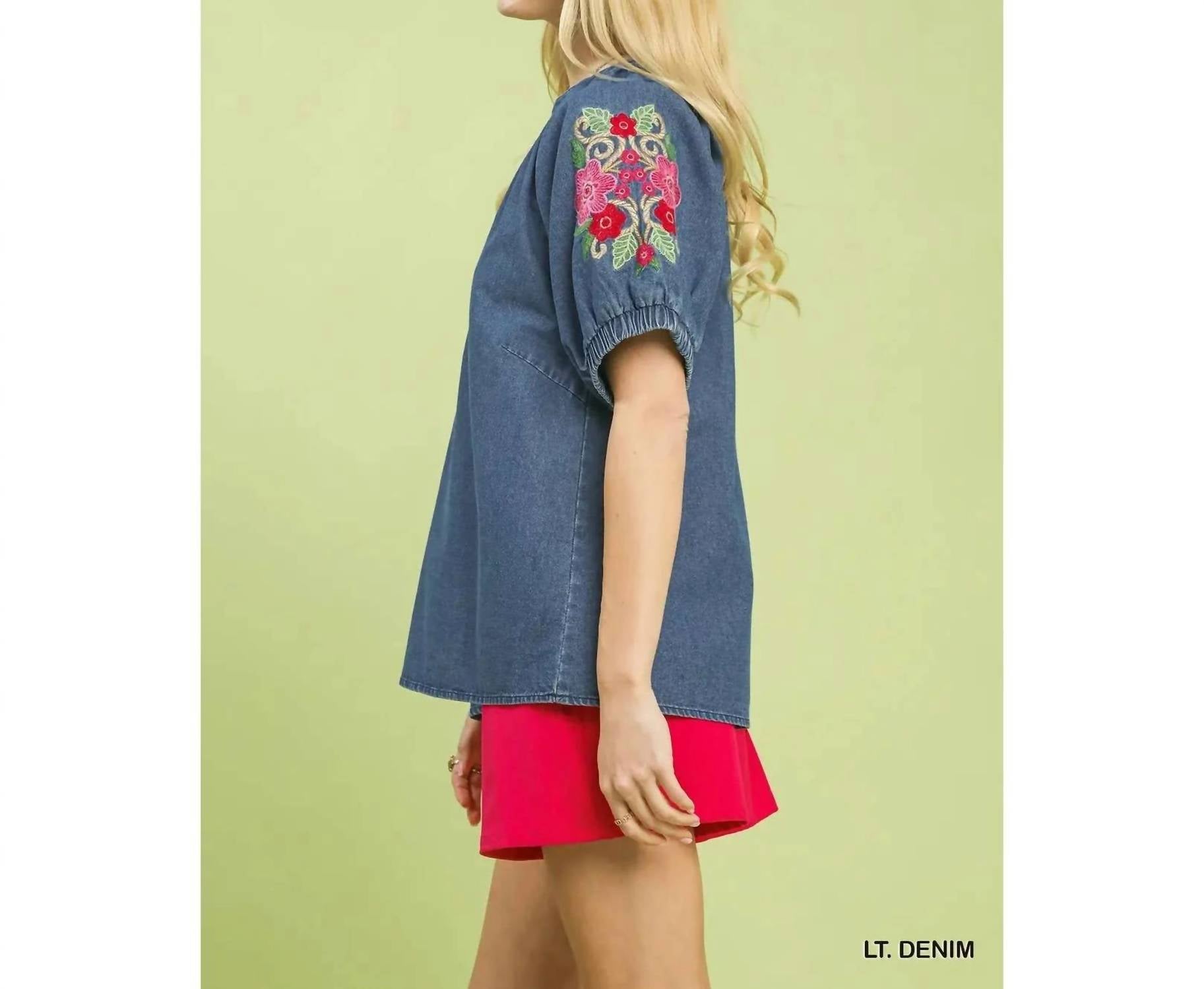 Style Usa - Women's Denim Embroidered Puff Sleeve Boho Top