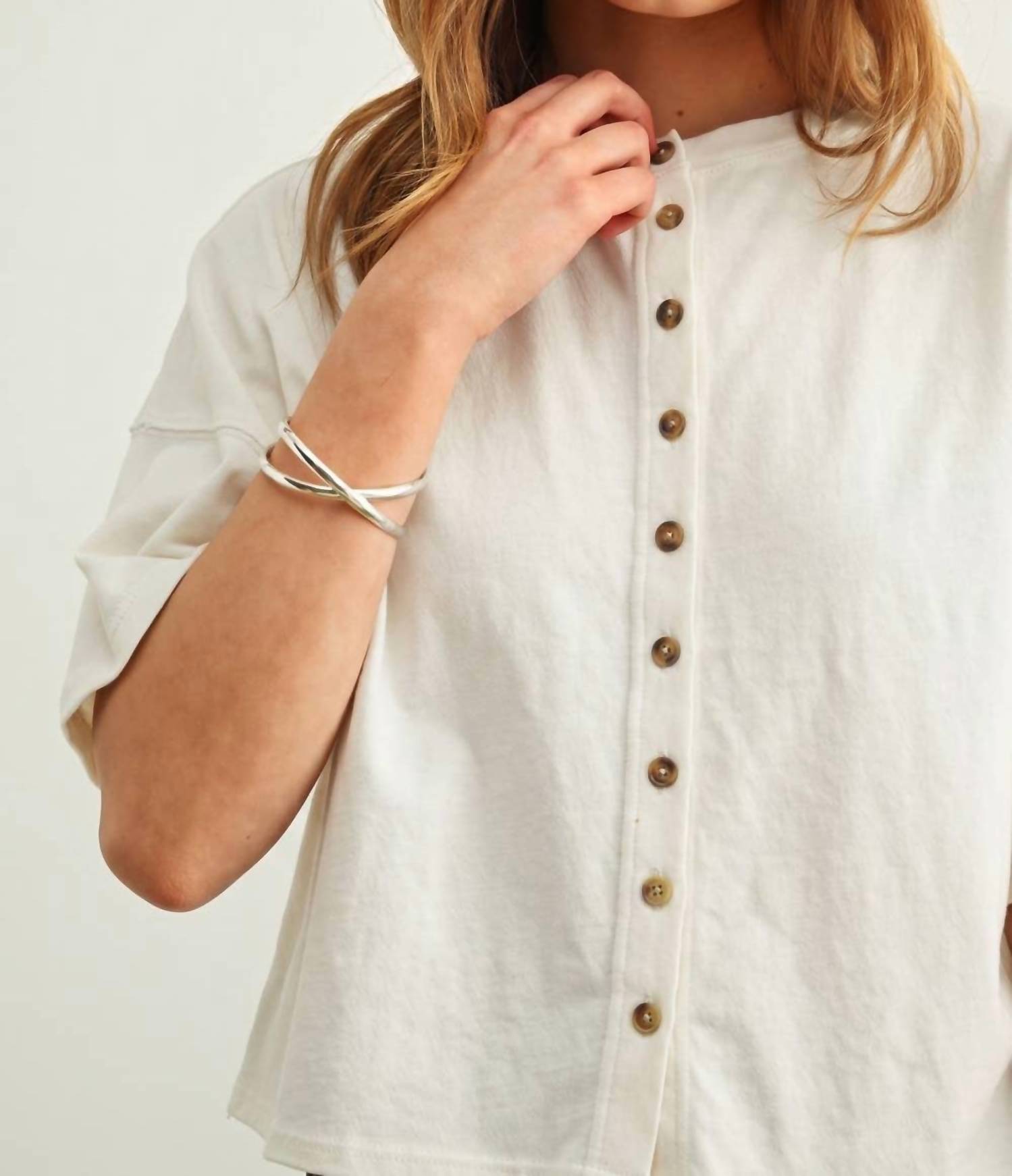 Miou Muse - Button Down Round Neck Half Sleeve Top