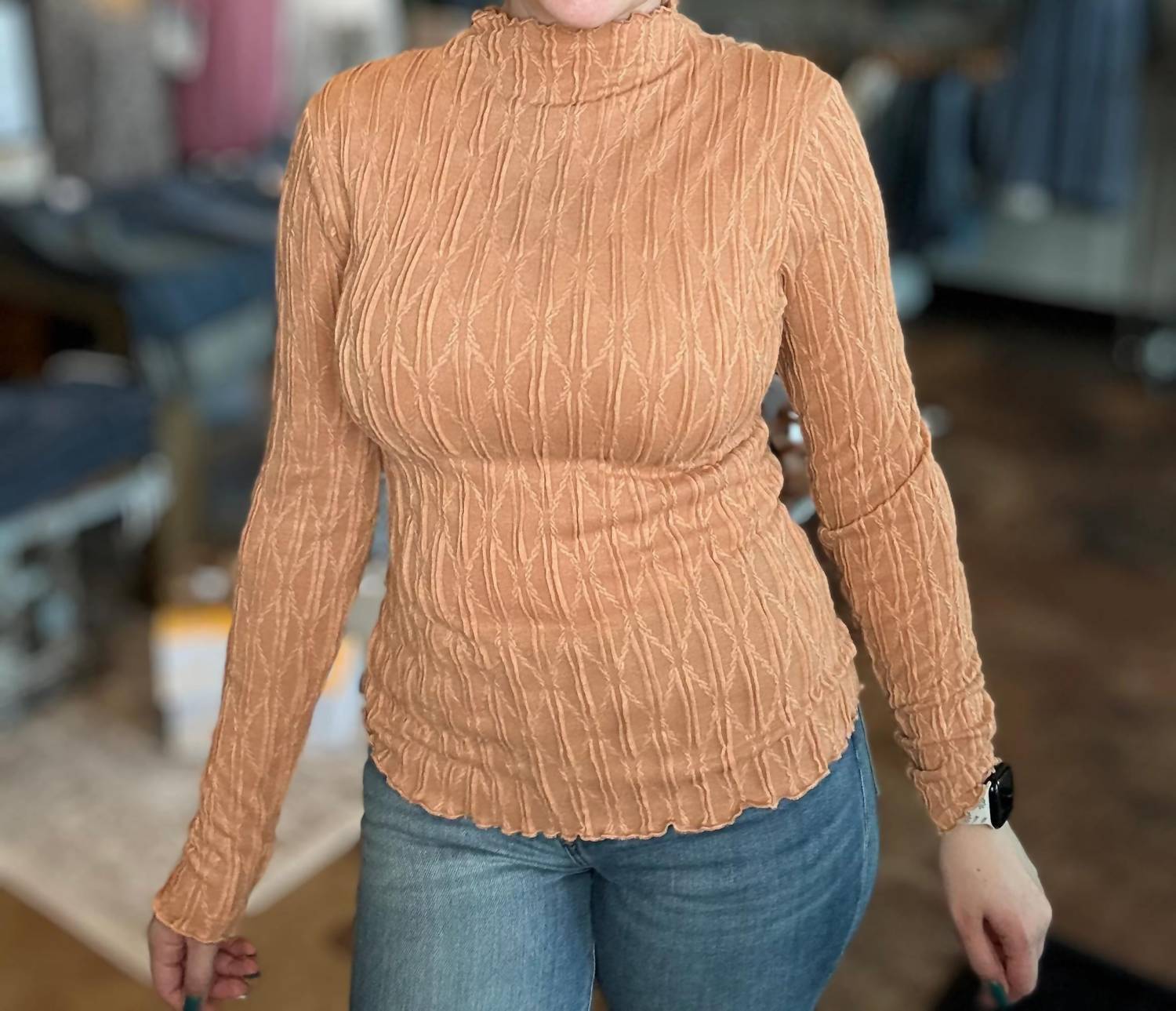 Mystree - Ruched Mock Neck Textured Top