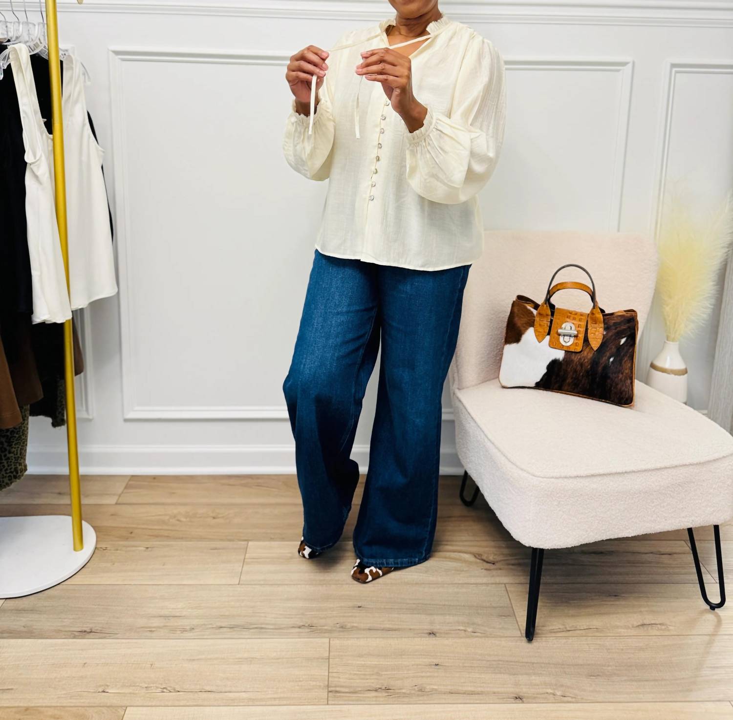 Her Bottari - Button Front Tie Neck Blouse