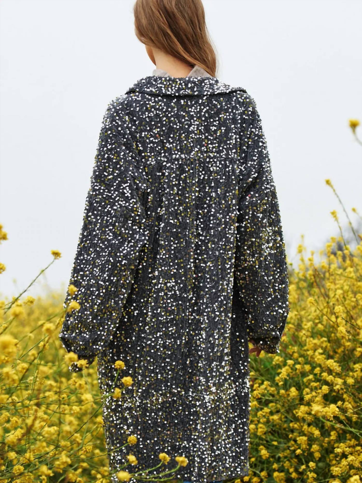 Davi & Dani - Sequins And Velvet Button Down Shirt Dress