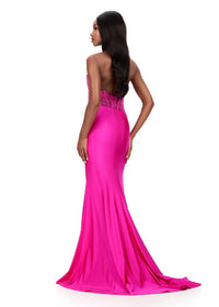ASHLEYlauren Halter Embroidered Lace Bodice Gown in fuchsia - women's dress - alternate view