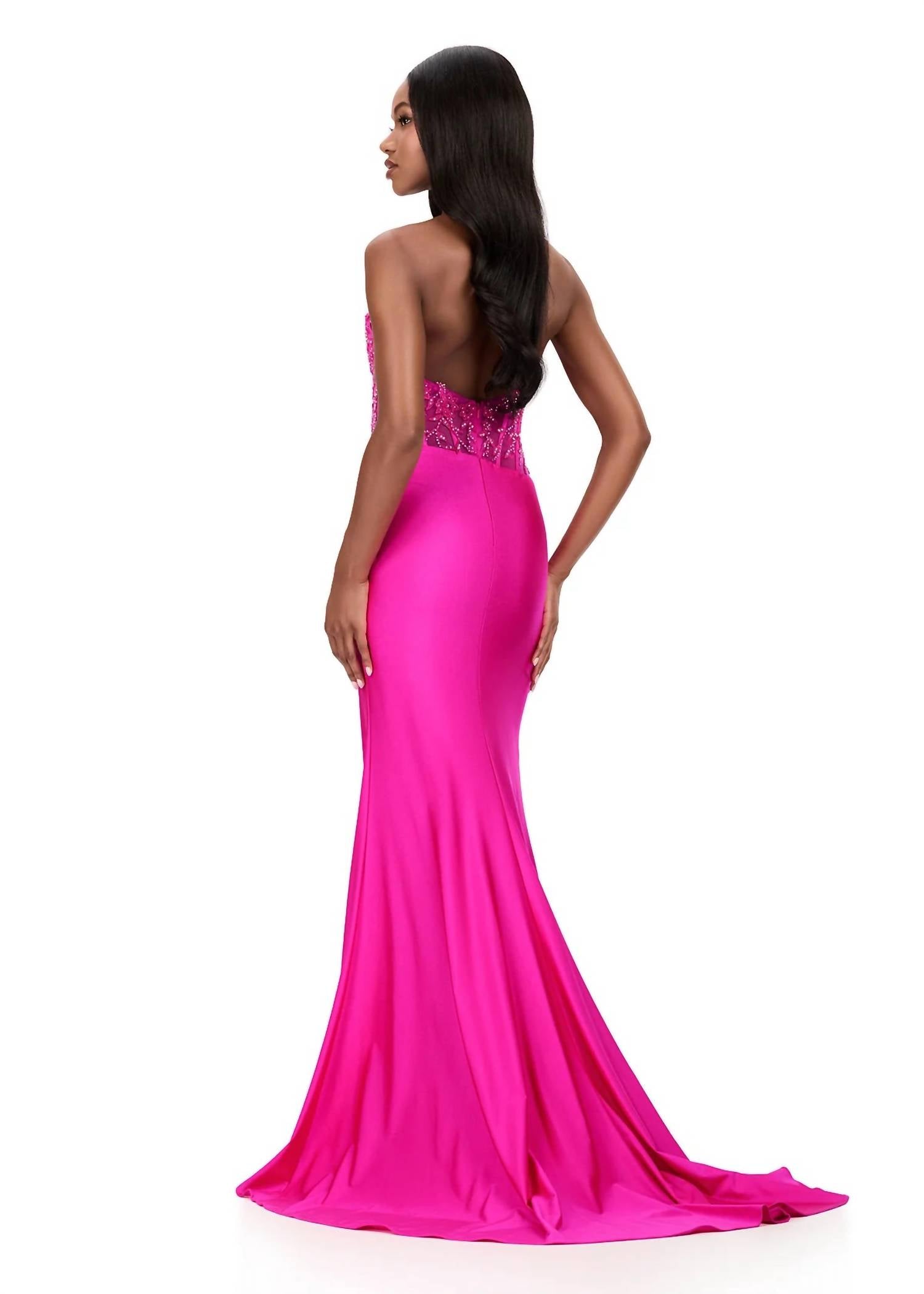 ASHLEYlauren Halter Embroidered Lace Bodice Gown in fuchsia - women's dress - alternate view