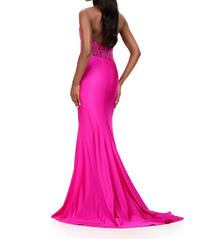 ASHLEYlauren Halter Embroidered Lace Bodice Gown in fuchsia - women's dress - detail view