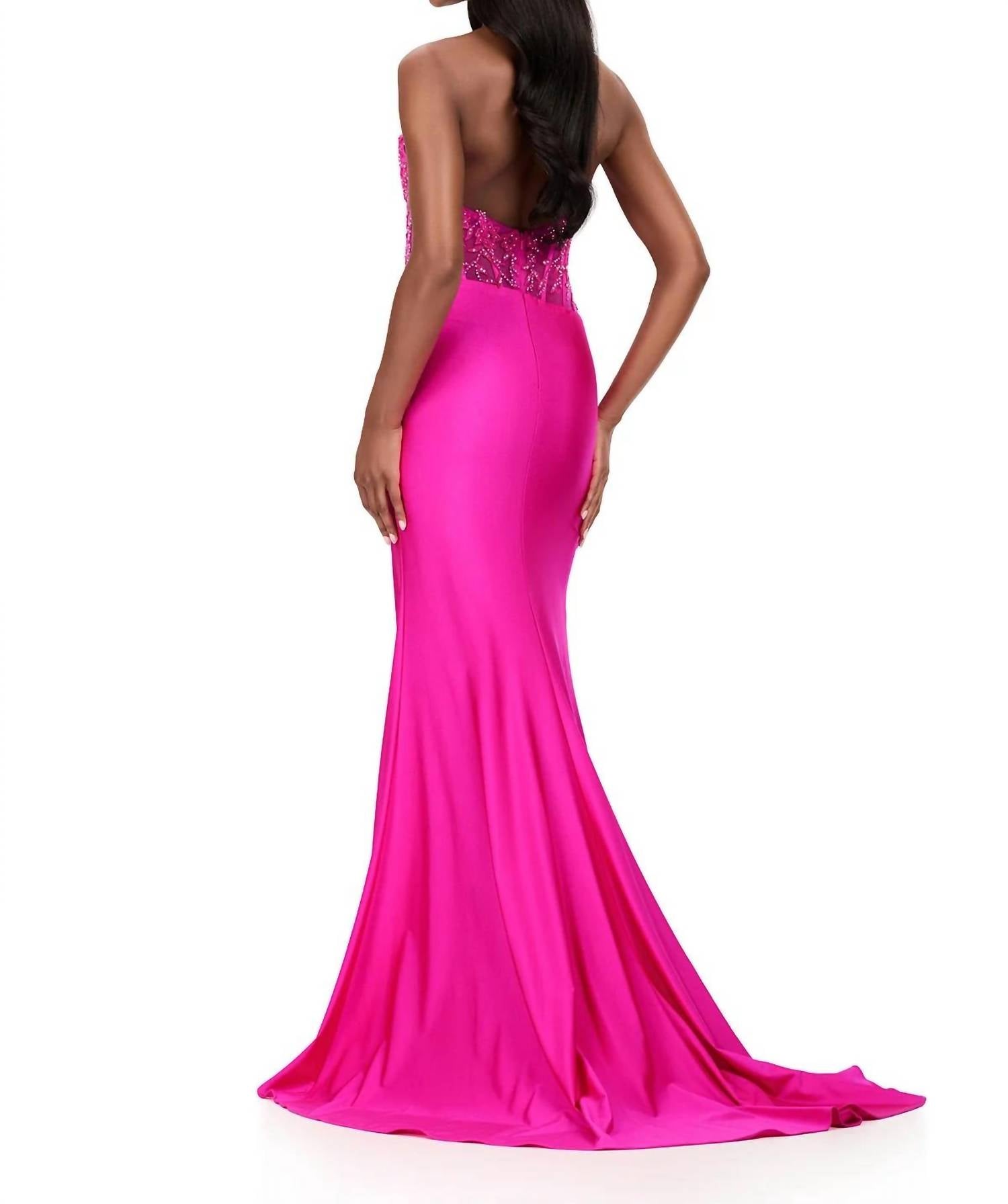 ASHLEYlauren Halter Embroidered Lace Bodice Gown in fuchsia - women's dress - detail view