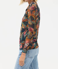 Johnny Was MESH BUTTON UP MOCK NECK TOP in ofelia teal - women's long sleeve top - detail view