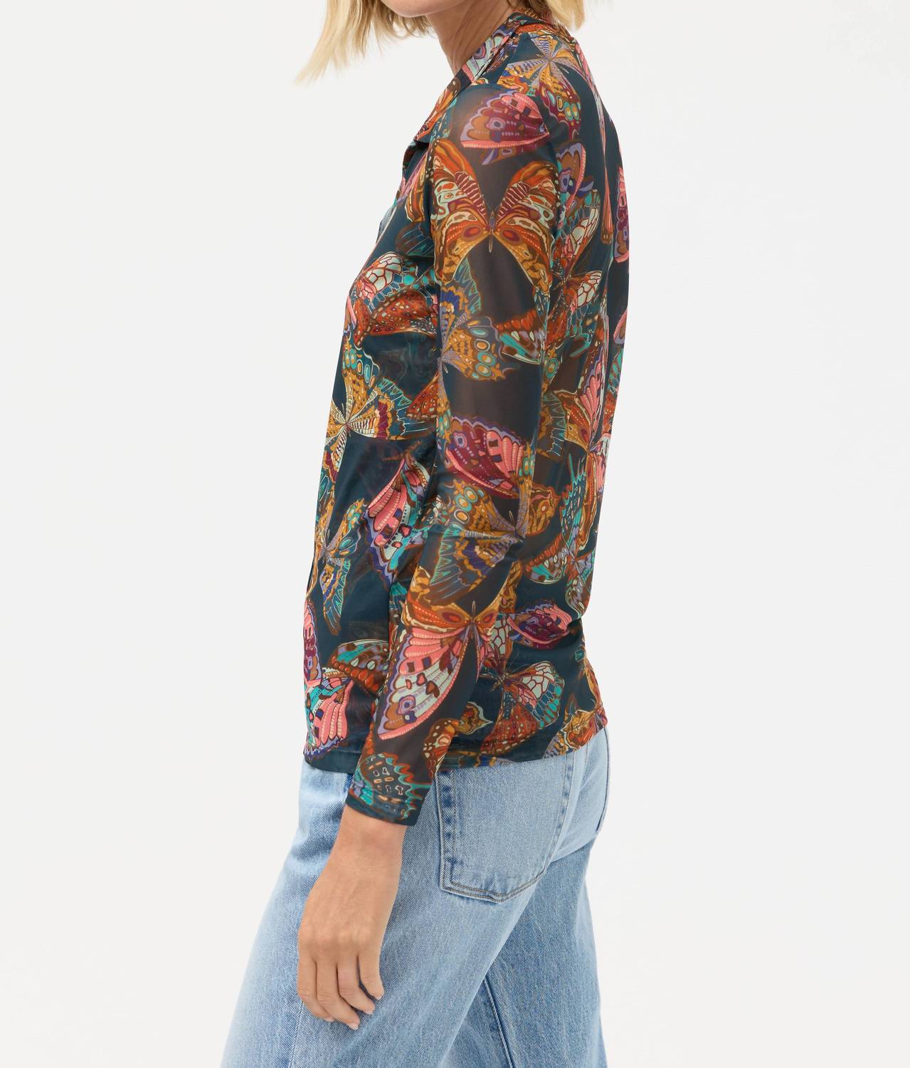 Johnny Was MESH BUTTON UP MOCK NECK TOP in ofelia teal - women's long sleeve top - detail view