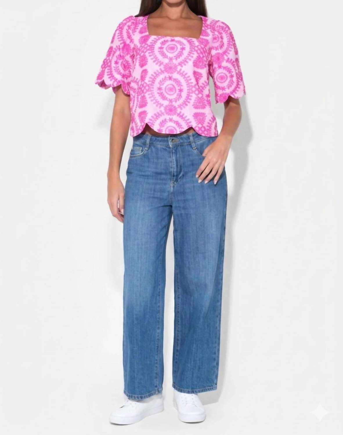 Adelyn Rae - Hadley Square Neck Embroidery Scallop Top