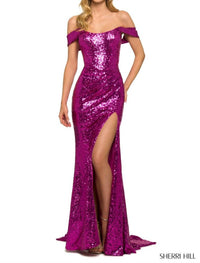 Sherri Hill Elegant Off The Shoulder High Slit Dress in bright fuchsia - women's dress