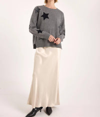 Brodie Cashmere Perrie Patch Star Cashmere Crew Neck Jumper in mid grey - women's sweater - alternate view