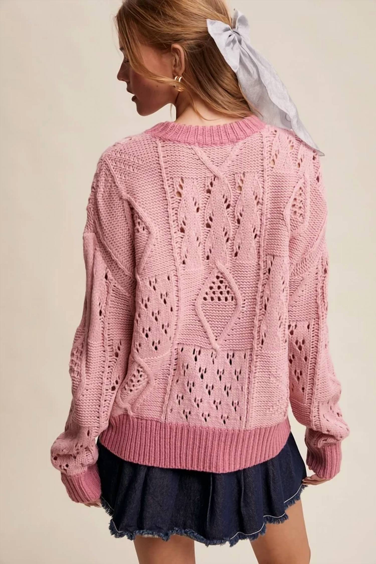 Listicle - Embroidered Flower Detail Checkered Knit Sweater