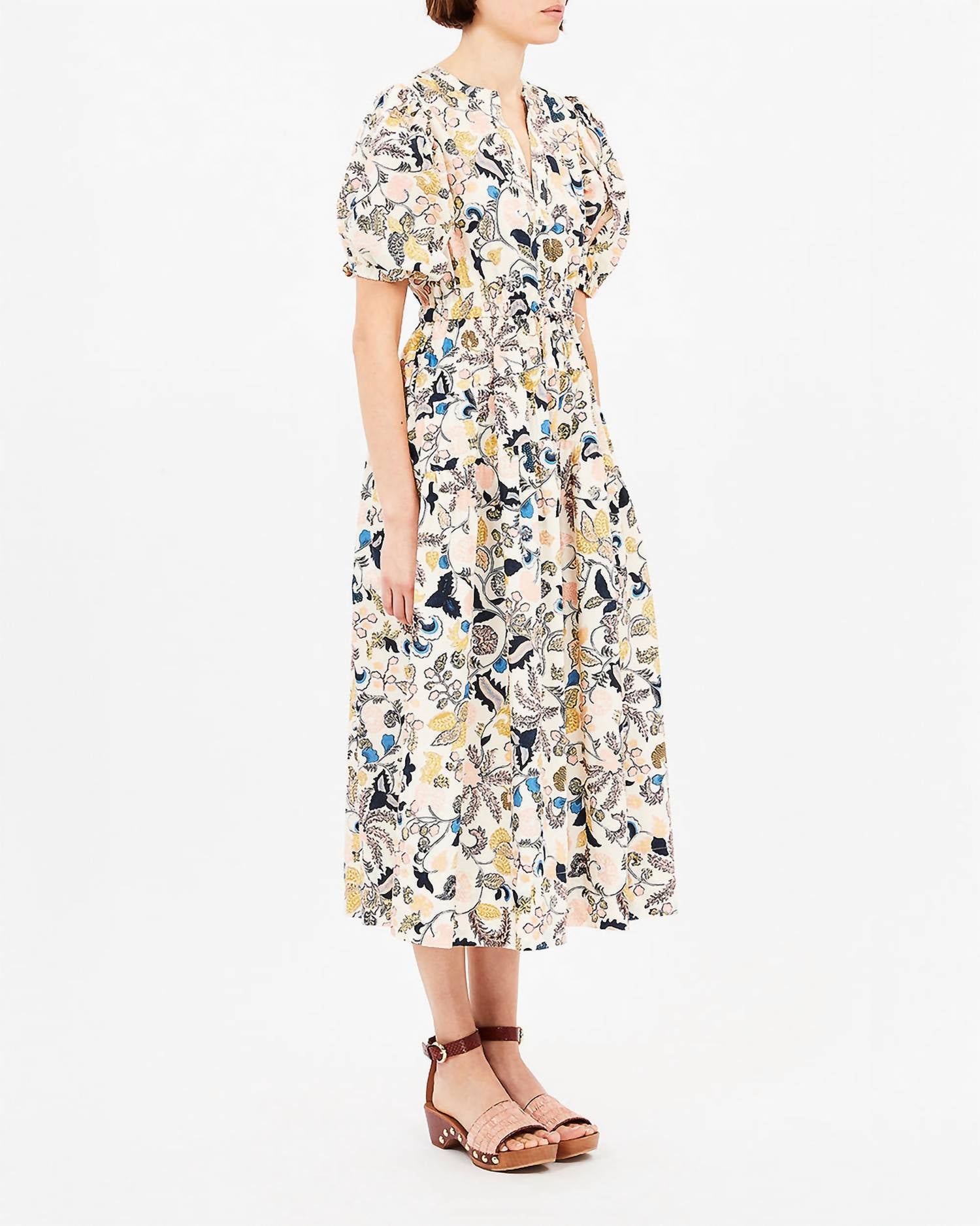 Ulla Johnson Adriana Short Sleeve Midi Dress in magnolia - women's dress - detail view