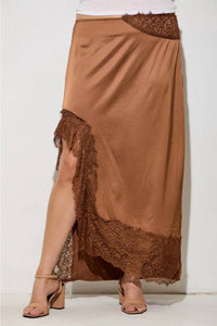 Polagram Mira Asymmetrical Lace Slit Maxi Skirt in chocolate brown - women's skirt