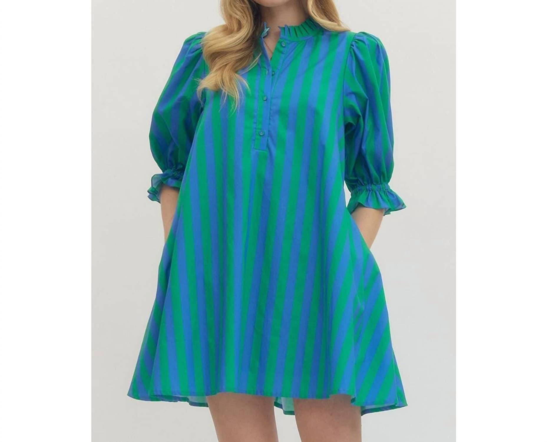 Style USA Striped Puff Sleeve Mini Dress in green - women's dress