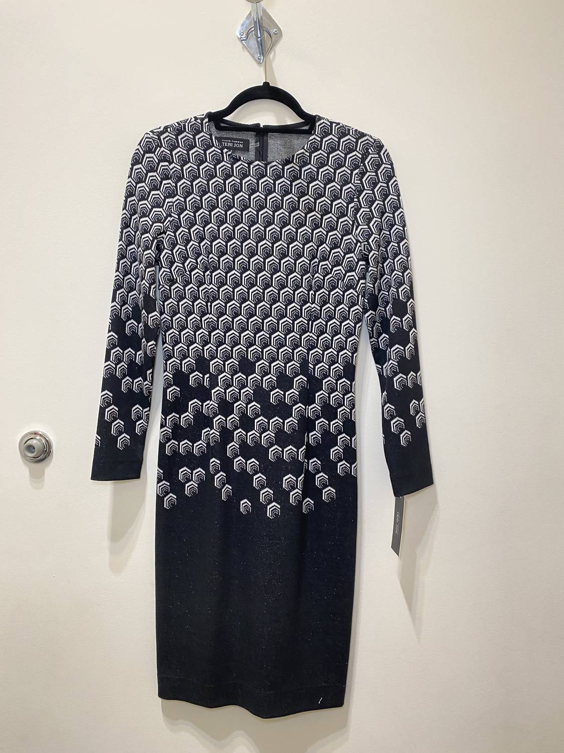 Teri Jon Geometric Metallic Shimmer Knit Dress in coal ivory - women's dress - alternate view