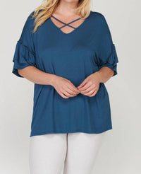 Mittoshop - Criss Cross Front Ruffle Sleeve Curvy Top - Plus