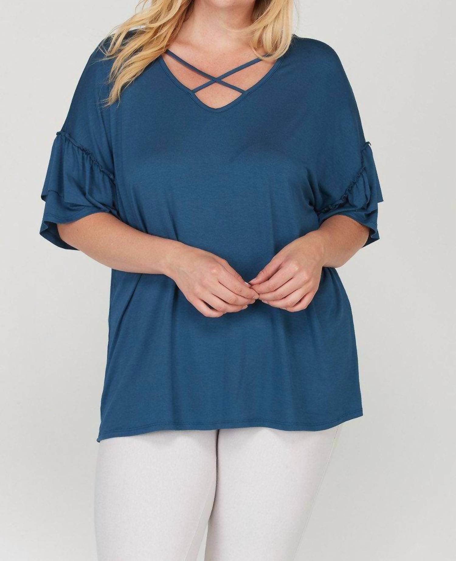 Mittoshop - Criss Cross Front Ruffle Sleeve Curvy Top - Plus