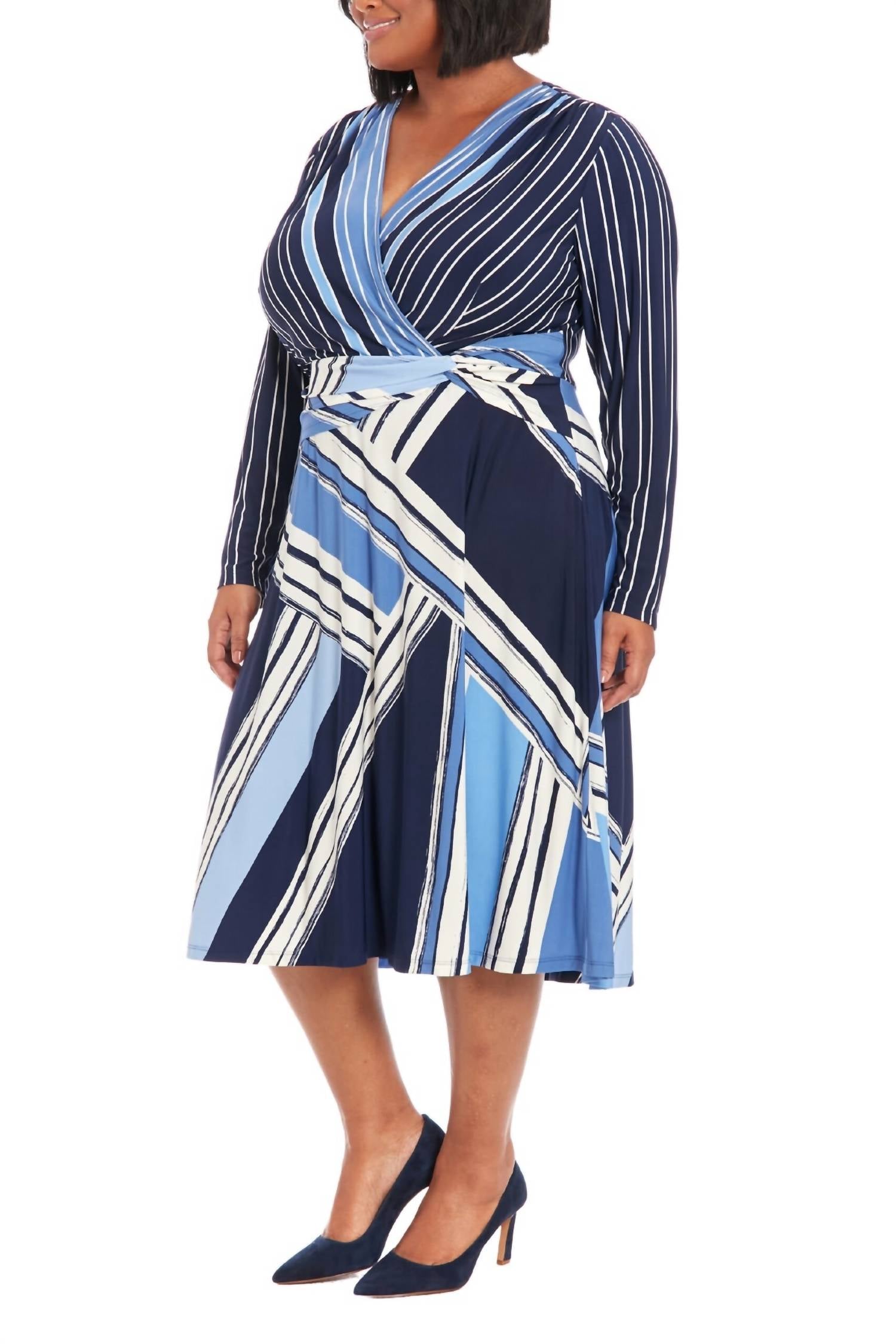 LONDON TIMES Side-twist Wrap Design Silhouette Dress in ivory blue - women's dress - detail view