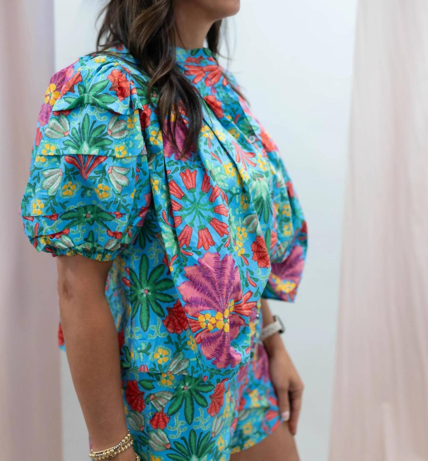 Karlie - Tropical Pleated Sleeve Top