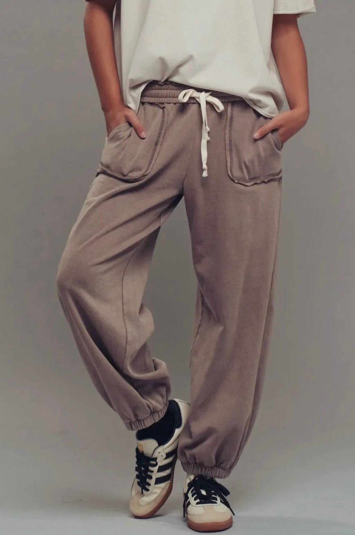 BiBi Wide Leg Cotton Blend Jogger Sweatpant in mocha mousse - women's pants - detail view