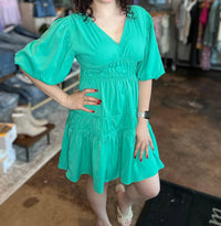 She + Sky - V-Neck Tiered Balloon Sleeve Dress