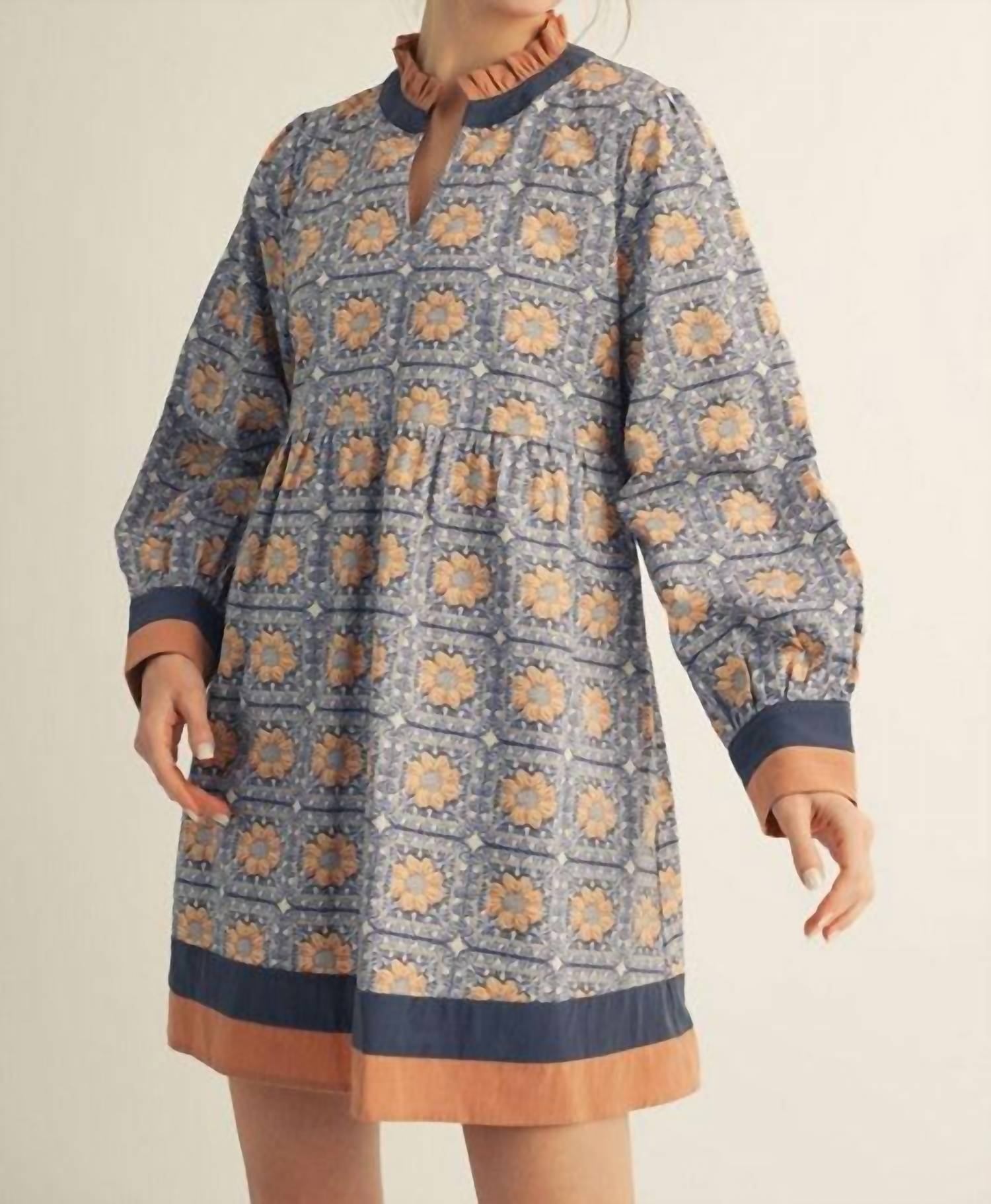Jodifl - Ruffled Neck Floral Mini Dress