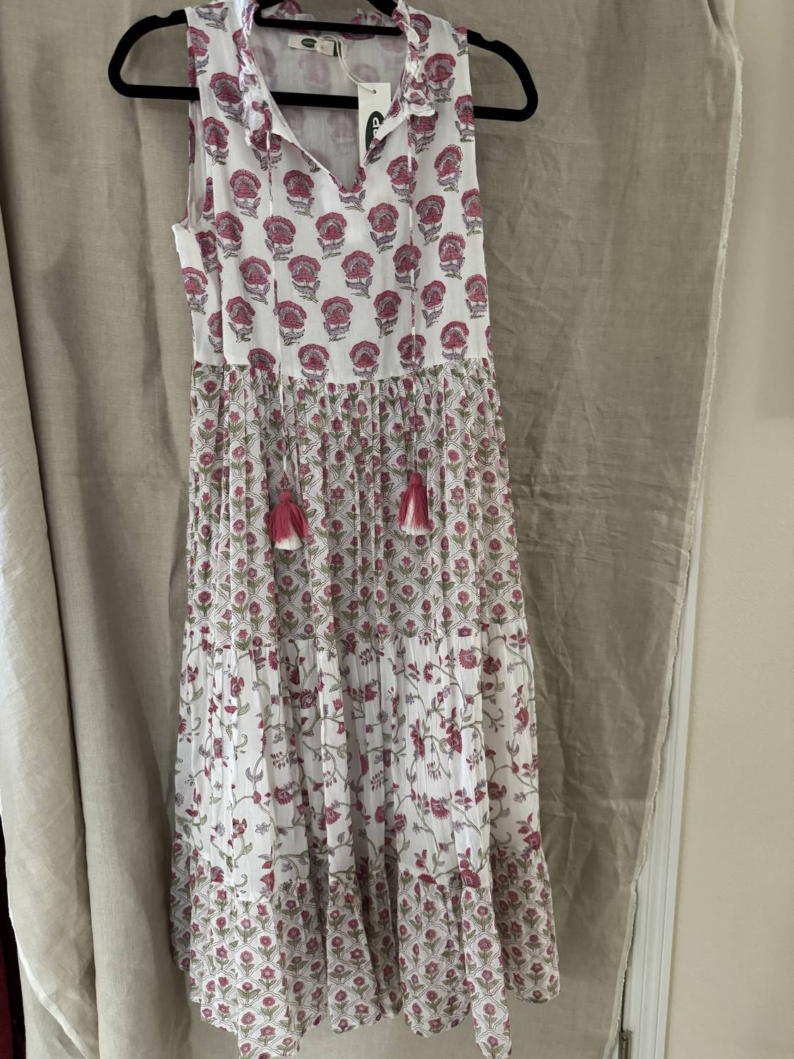 Dolma Layered Printed Maxi Dress in pink olive - women's dress - detail view