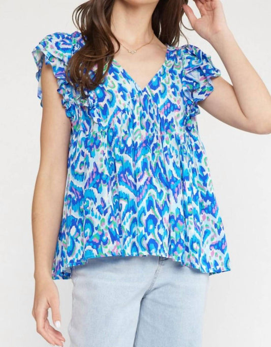 Entro - Printed V-Neck Ruffle Sleeves Top - Plus