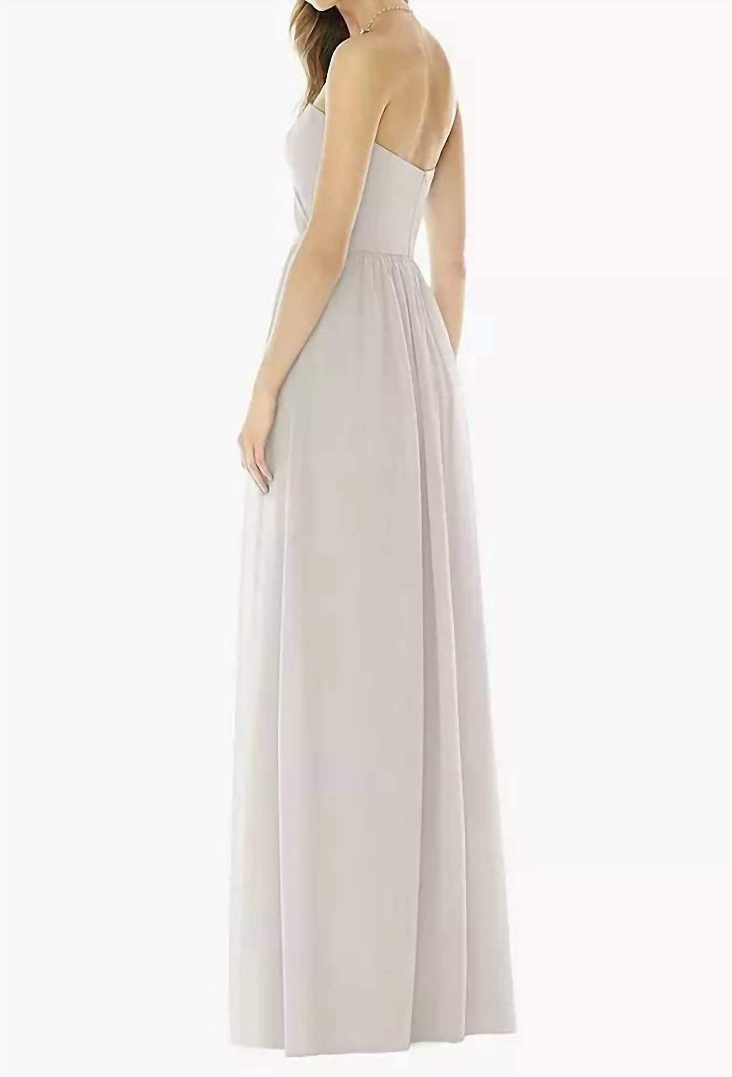 Dessy - Strapless Draped Bodice Maxi Dress With Front Slits